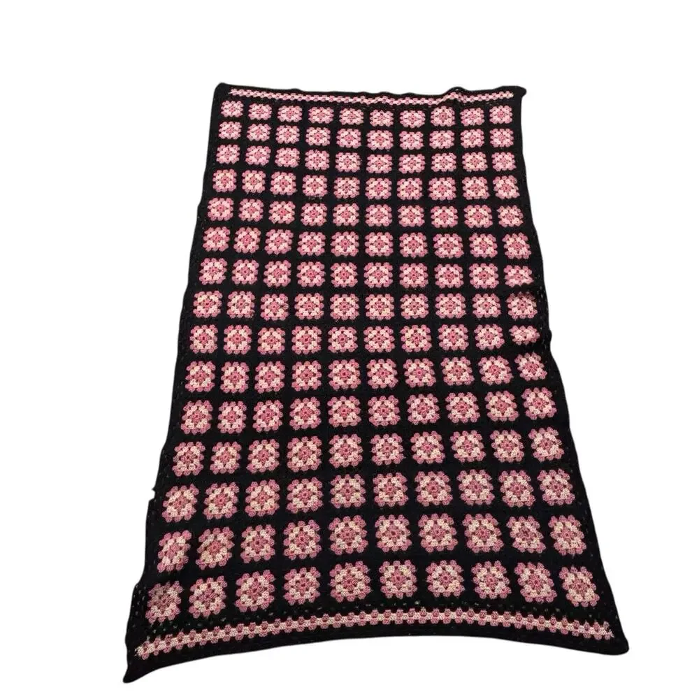 Vintage Handmade Granny Square Throw Pink Black Rose Floral Cottagecore 34x60